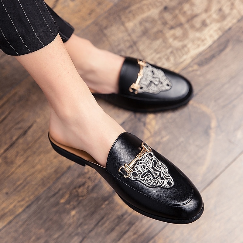 Men's Black Slip-On Loafers with Embossed Logo and Gold Accent, Casual Flat Shoes for Daily Wear and Office4