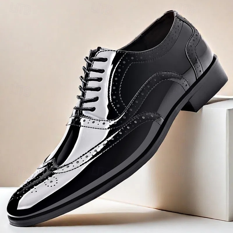 Men's Black Patent Leather Brogue Shoes - Classic Formal Style for Business, Office and Special Occasions