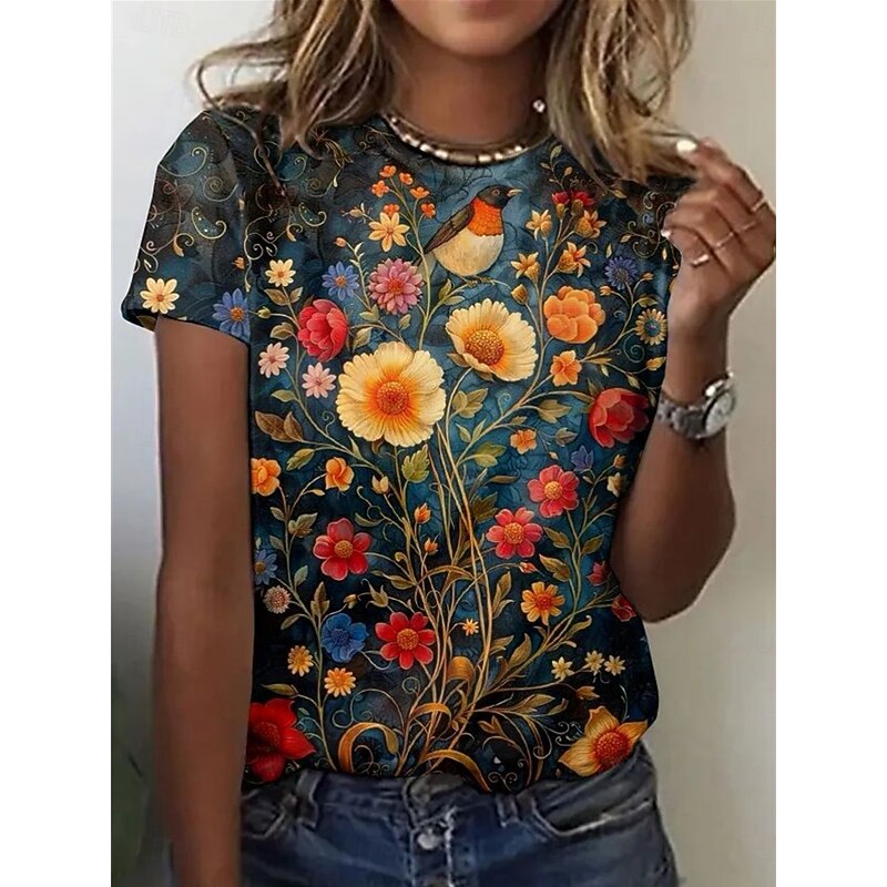 Women's T Shirt Floral Casual Short Sleeve Round Neck Regular Tops Daily Print Blue Green Summer