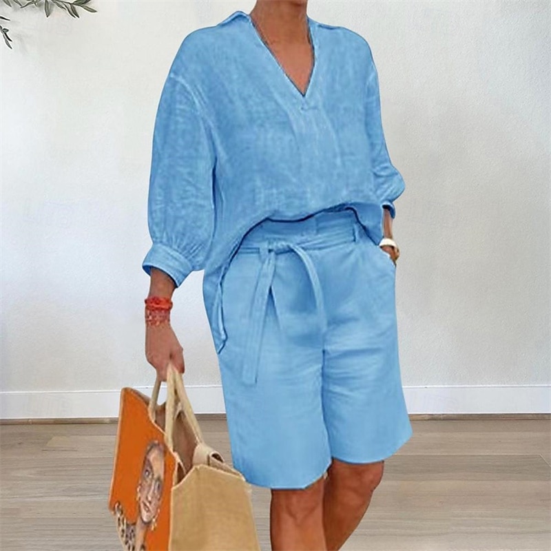 Women's Fashion Streetwear Shirt Cotton Linen Sets Two Piece Sets Beach Shorts Half Sleeve V Neck Solid Color Drawstring Daily Wear Date Dark Pink Blue Khaki Summer Regular Fit