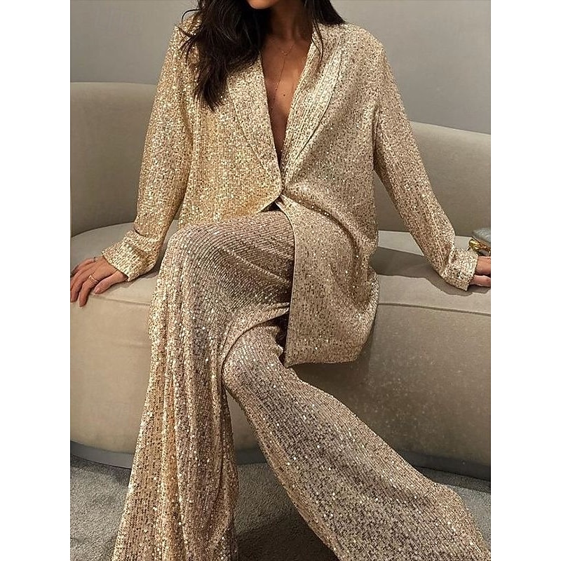 Women's 2 Pieces Suits Formal Wedding Wedding Guest Sequin Elegant Vintage Glittering Long Sleeve Floor Length Notched Lapels3