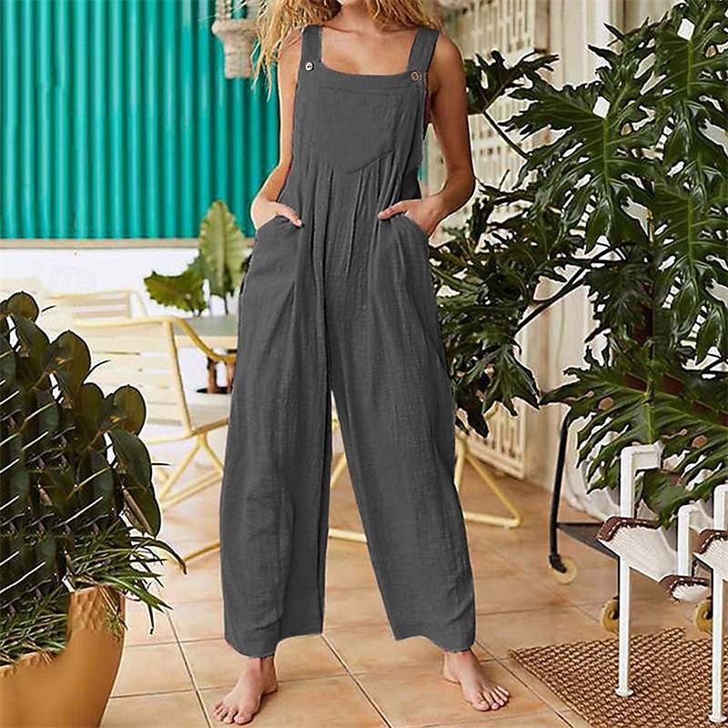 Women's Normal Jumpsuit Streetwear Solid Color Sleeveless Sleeveless Square Neck Buttons Pocket Street Daily Regular Fit Red Khaki Gray Summer2