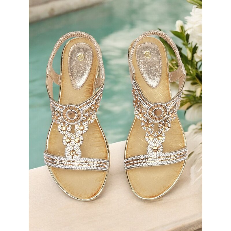 Women's Rhinestone Embellished T-Strap Sandals – Elegant Flat Slingback Sandals for Summer Beach, Wedding & Party Wear3