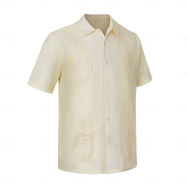 Men's Shirt Guayabera Shirt Light Yellow Black White Light Green Pink Short Sleeve Turndown School Performance Embroidered Clothing Apparel Elegant Vacation Vintage Neutral