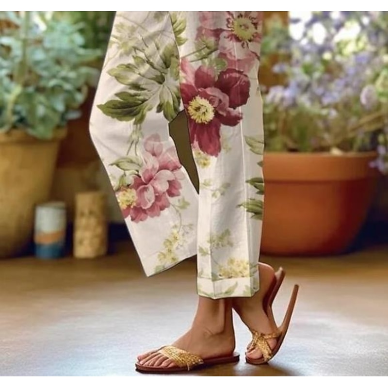 Women's Cotton Linen Pants Baggy Pants Linen Like Active Vintage Fashion Full Length High Waist Floral Graphic Animal Printing Thermal Warm Breathable Soft Micro-elastic Outdoor Daily Rainbow3