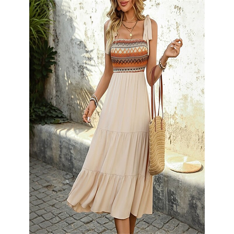 Women's Midi Dress Summer Dress Elegant Stylish Flowy Vacation Home Date Loose Fit Graphic Sleeveless Strap Apricot Summer
