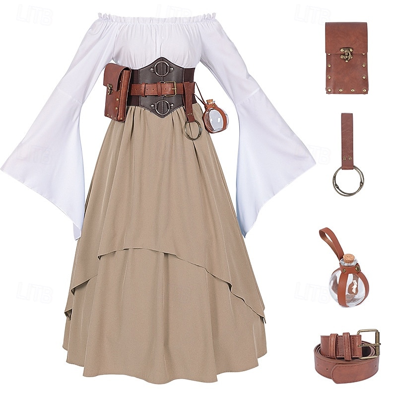 Vintage Inspired Party Costume Masquerade Bell Sleeve Solid Color Fancy Dress Women's Celtic Pirate Fantasy Halloween Masquerade Cocktail Party Casual Daily Adults' Shirt Skirt Belt All Seasons