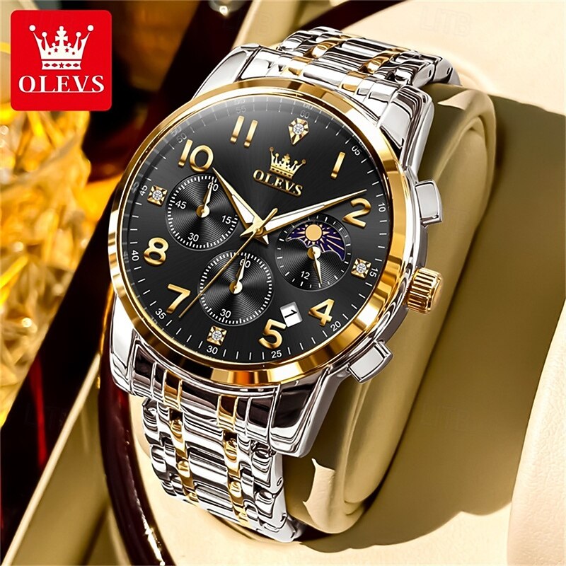 New Olevs Men'S Business Watch Glow-In-The-Dark Small Three-Pin Moon Phase Display Digital Dial Quartz Watch Waterproof Sports Leisure Multi-Function Watch