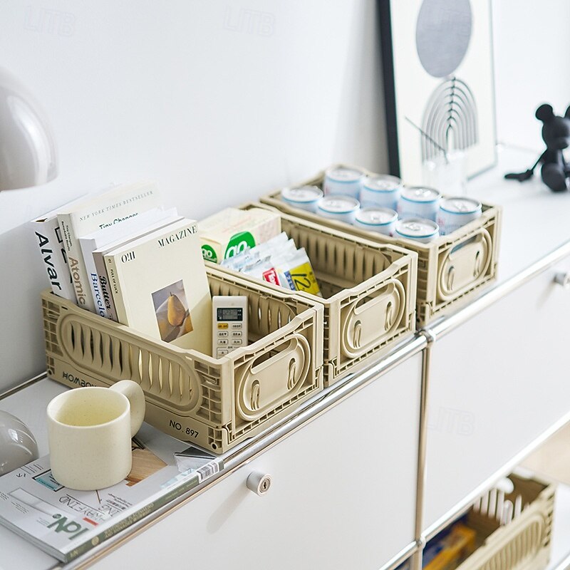 Plastic Storage Crates Stackable Storage Containers Foldable Milk Crate Storage Bins Collapsible Crate for Storage Plastic Storage Basket Organizer for Organizing, Small,Beige4