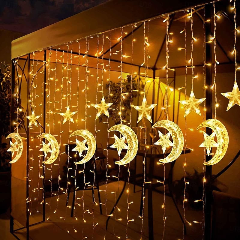 Ramadan Star & Moon Curtain String Lights - 3.5m 138 LEDs USB Powered with Remote Control, 8 Modes for Home & Party Decor2