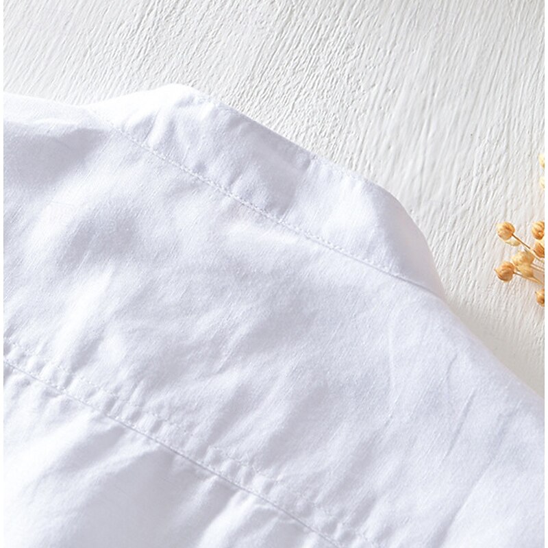 Men's Shirt Linen Shirt Popover Shirt Casual Shirt Cotton Shirt Plain Vacation Street White Navy Blue Sky Blue Green Short Sleeve Band Collar Summer Clothing Apparel Buttons3