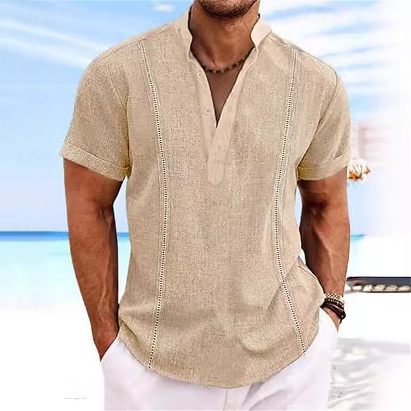 Men's Shirt Linen Shirt Casual Shirt Button Up Shirt Cotton Shirt Plain Vacation Street Black White Pink Khaki Short Sleeve Band Collar Summer Clothing Apparel Patchwork3