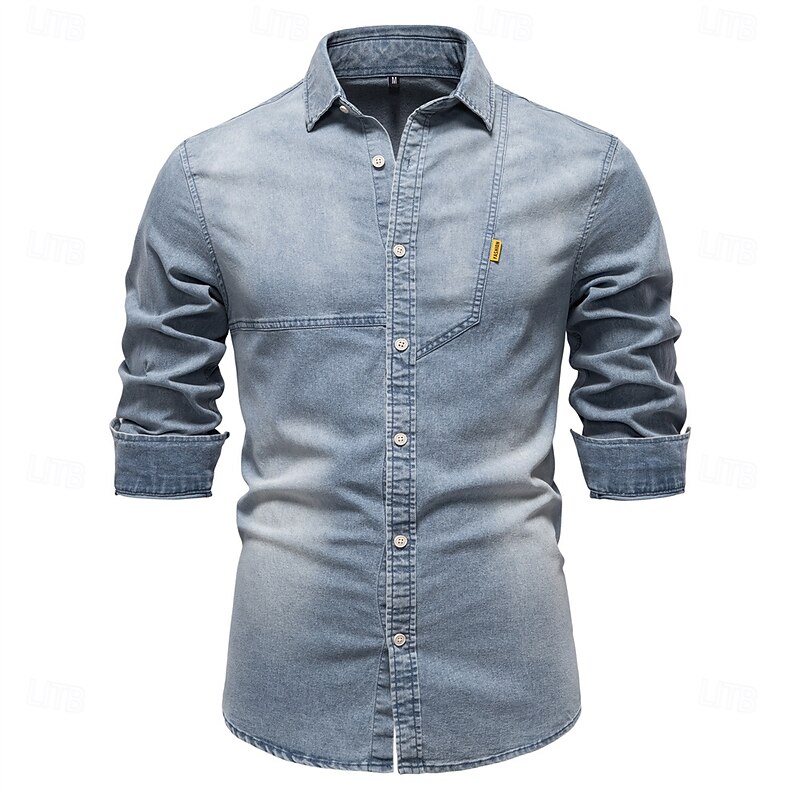 Men's Shirt Black Dark Blue Light Blue Long Sleeve Solid Color Rolled collar Outdoor Causal Buttons Clothing Apparel Daily Casual Daily Leisure