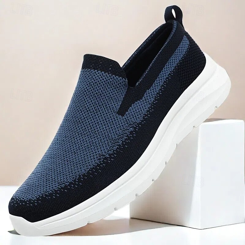 Men's Slip-On Athletic Sneakers, Breathable Knit Mesh, Comfortable Running Shoes with White Sole, Casual Sport Footwear for Outdoor and Daily Use