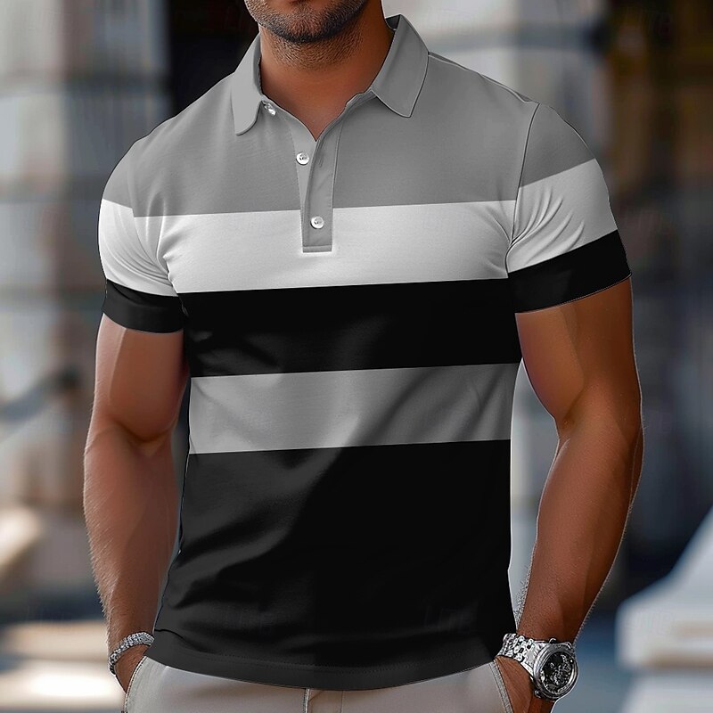Men's Striped Rugby Polo Short Sleeve Polo Shirts Collared Shirts Casual School Outdoor Athleisure Daily Wear 3D Print Summer Spring Fall Black Brown Green