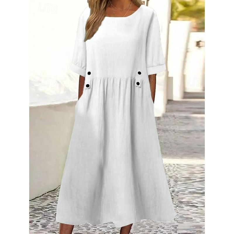 Women's Midi Dress Cotton Linen Dresses Casual Dress Cotton Linen Dress Elegant Vintage Stylish Vacation Daily Loose Fit Plain Short Sleeve Crew Neck White Purple Green Gray Summer Spring3