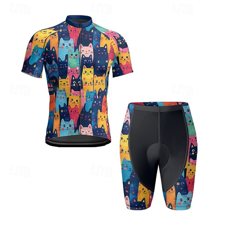 Men's Cycling Jersey with Shorts Cat Short Sleeve Bike Clothing Suit with 3 Rear Pockets Mountain Bike MTB Road Bike Cycling Front Zipper Sweat wicking Comfortable Breathable Sports Navy Blue Royal