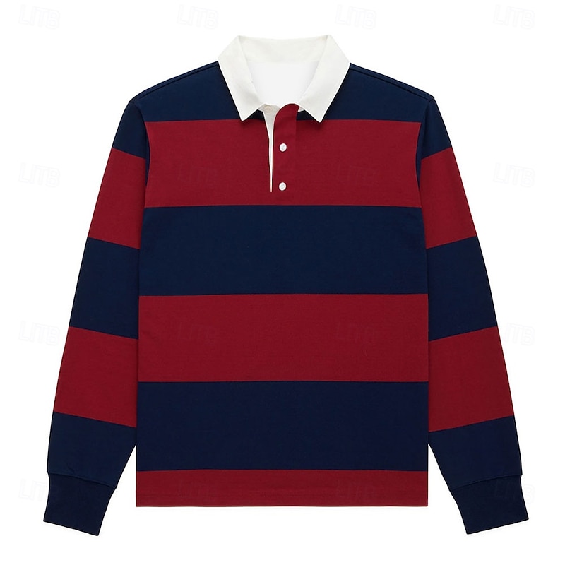 Men's Stripes Rugby Polo Long Sleeve Polo Shirts Collared Shirts Casual School Outdoor Athleisure 3D Print Spring Fall Winter Red Blue Orange2