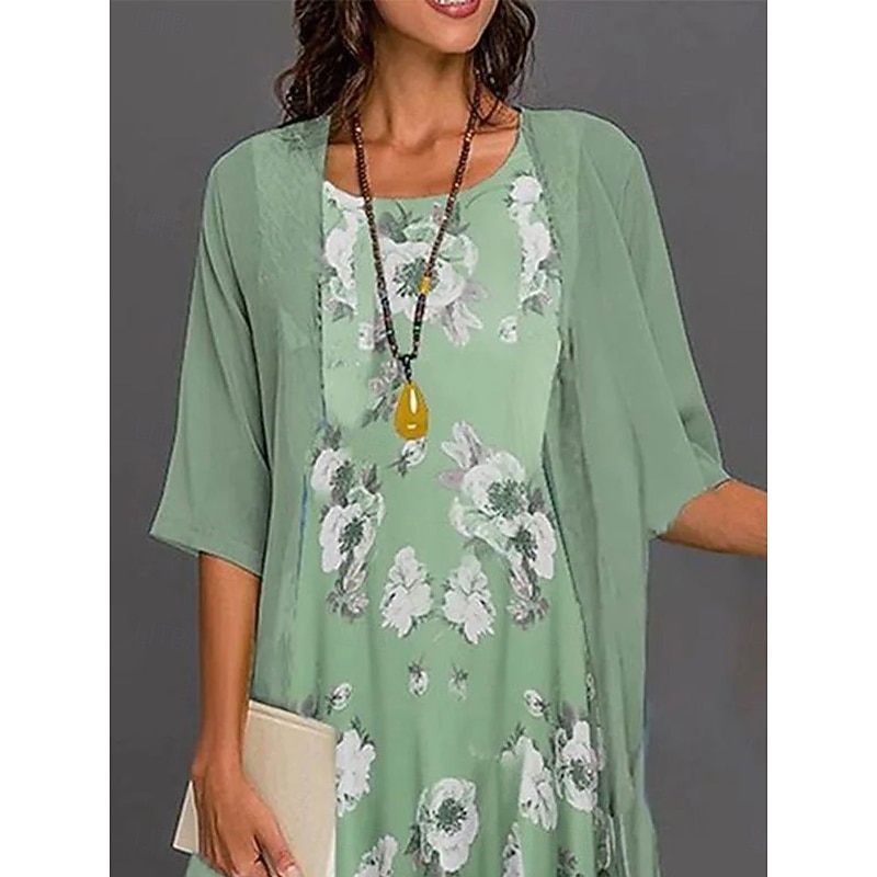 Women's Graduation Dress Midi Dress Chiffon Dress Shift Dress Elegant Daily Loose Fit Floral Half Sleeve Crew Neck Green Summer Spring Fall2