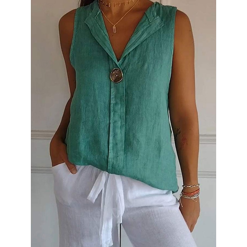 Women's Shirt Button Up Cotton Linen Shirt Blouse Solid Color Elegant Daily Stylish Sleeveless V Neck Regular Tops Daily Holiday Going out Patchwork White Navy Blue Green Khaki Summer Spring