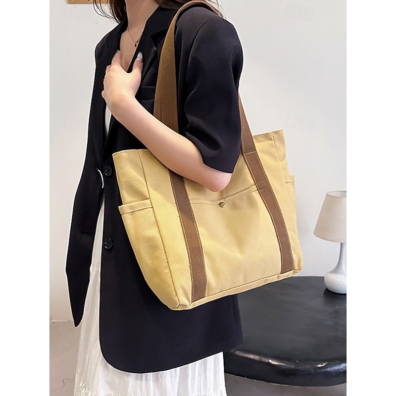 Women's Colorblock Canvas Tote Bag - Large capacity, multiple pockets, casual style, unisex, durable - Great for shopping, travel and daily use Black White Khaki2