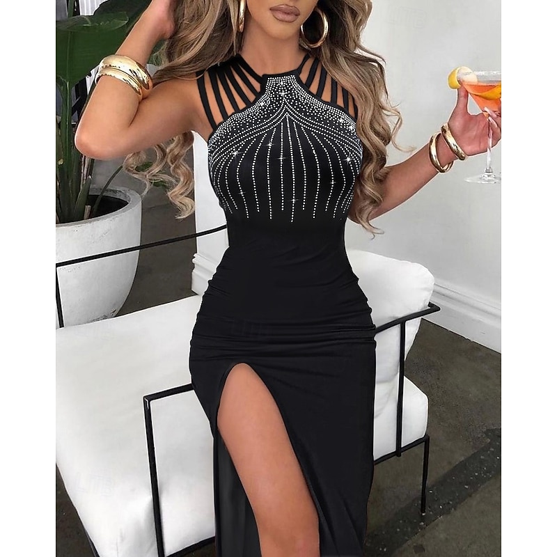 Women's Normal Long Dress Maxi Dress Sequin Dress Elegant Dress Birthday Formal Sleeveless Evening Party Form Fit Solid Color Sleeveless Asymmetrical Black Red Blue Spring