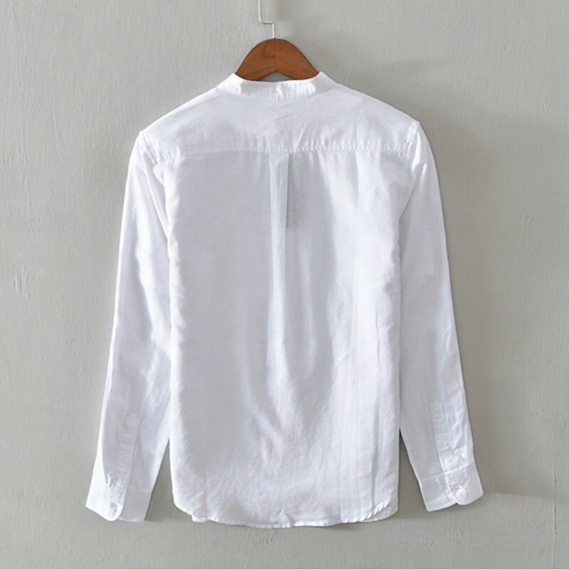 Men's Shirt Linen Shirt Casual Shirt Button Up Shirt Cotton Shirt Plain Vacation Hawaiian White Navy Blue Khaki Gray Long Sleeve Band Collar Spring Fall Clothing Apparel Button-Down2