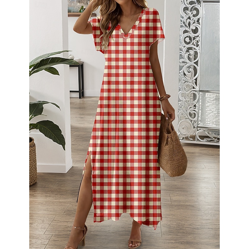 Women's Maxi Dress Casual Dress Sundress A Line Dress Stylish Casual Vacation Daily Regular Fit Plaid Short Sleeve V Neck Red Spring Fall3