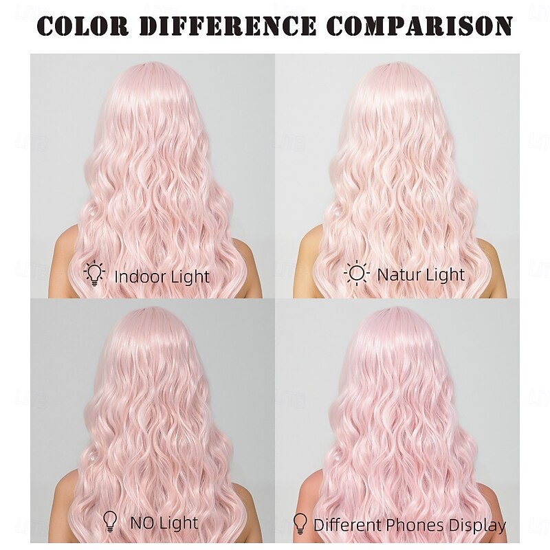 Synthetic Wig Wavy Curly Weave Layered Haircut With Bangs Machine Made Wig Pink 28 inch A1 Synthetic Hair Women's Classic Comfortable Color Gradient Pink4