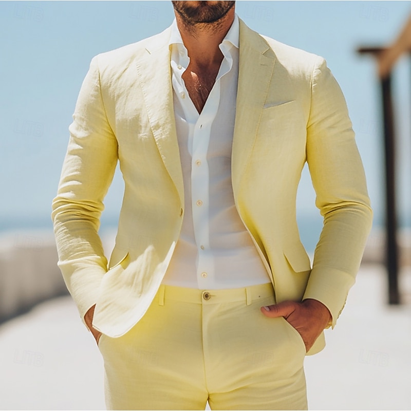 Men's Beach Wedding Linen Suits Pink Sky Blue Solid Colored Standard Fit 2 Piece Single Breasted One-button