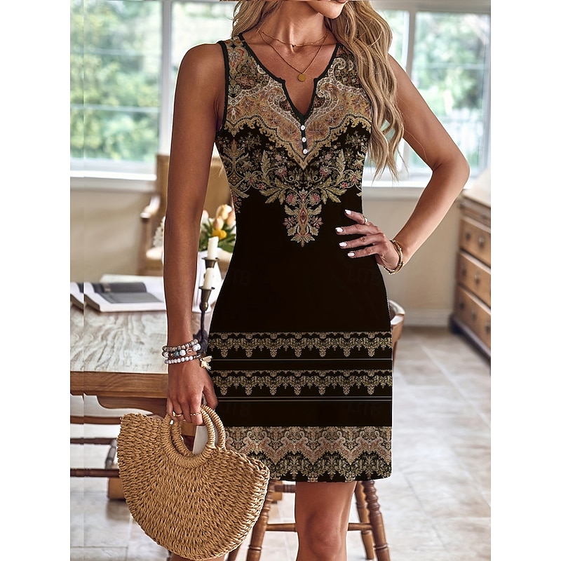 Women's Mini Dress Casual Dress Tank Dress Bohemia Vintage Ethnic Vacation Daily Regular Fit Floral Sleeveless Notched Neck Black Pink Blue Green Summer