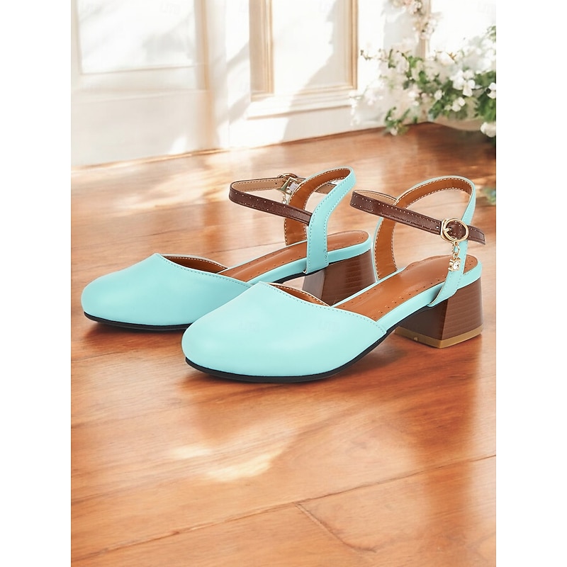 Women's Light Blue Two-Tone Ankle Strap Block Heel Pumps – Round Toe Closed-Toe Dress Shoes with Charm Pendant for Office & Casual Wear2