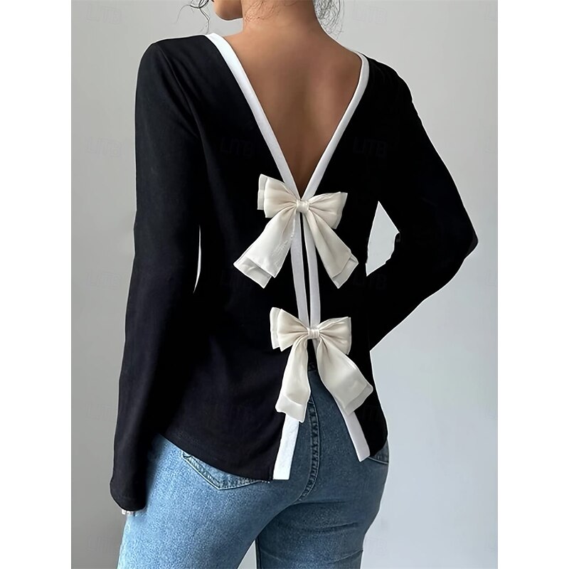 Women's Blouse Solid Color Stylish Casual Long Sleeve Crew Neck Regular Tops Daily Holiday Going out Backless Black Spring Fall Winter