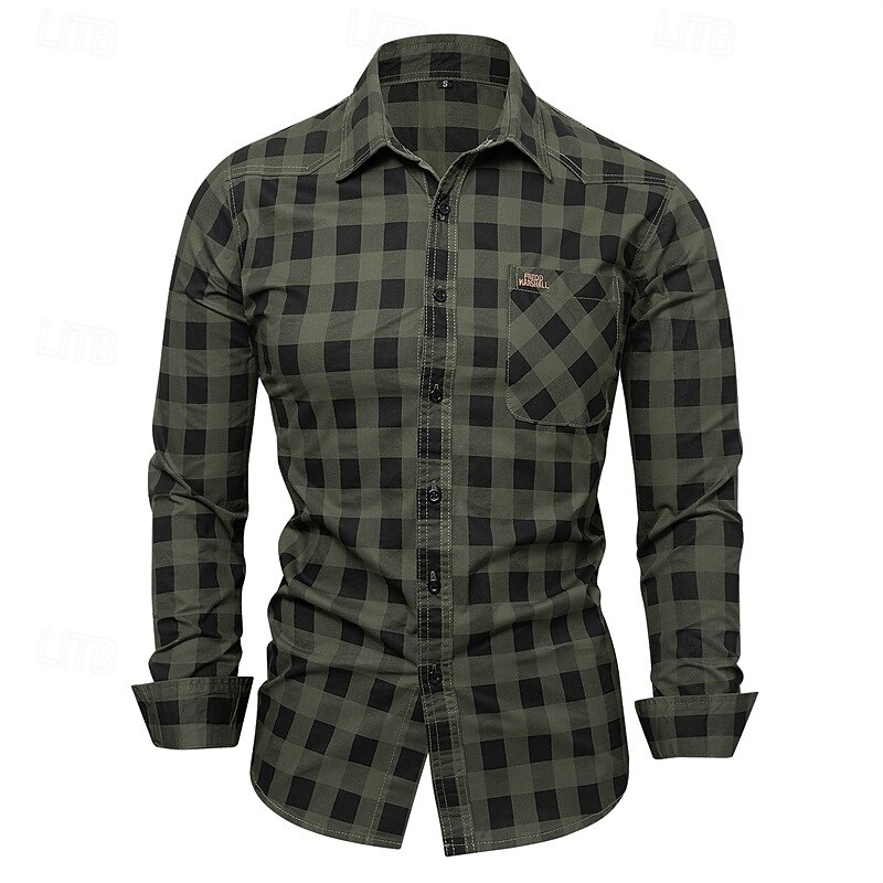 Men's Shirt Summer Shirt Casual Shirt Button Up Shirt khaki Army Green Long Sleeve Plaid Lapel Vacation Hawaiian Button-Down Clothing Apparel 100% Cotton Fashion Casual Comfortable4