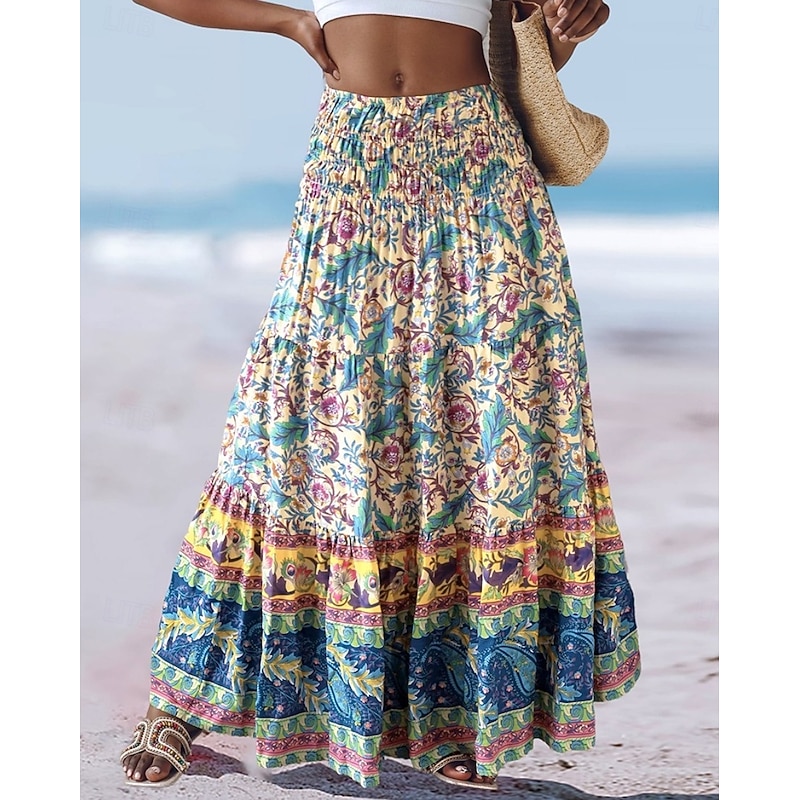Women's Long Skirt Elegant Maxi High Waist Skirts Floral Geometric Ruched Print Flowy Inelastic Going out Casual Daily Black Red Blue Sky Blue Summer Polyester3