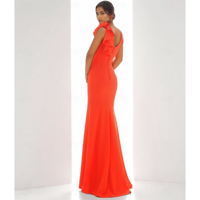Sheath / Column Evening Gown Elegant Dress Formal Wedding Guest Floor Length Sleeveless Crew Neck Crepe with Ruffles Slit Shouder Flower2