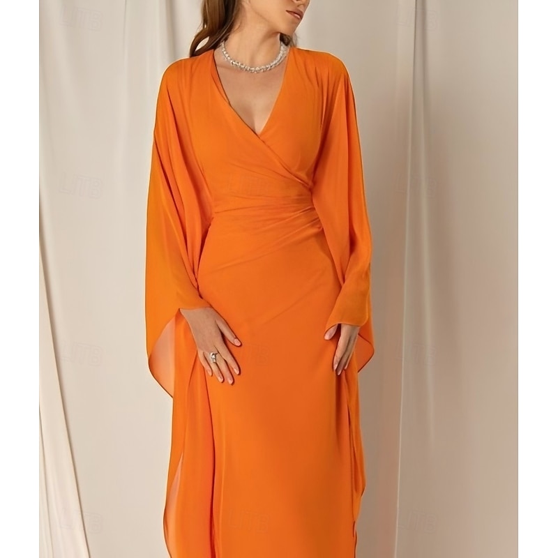 Beach Wedding Sheath Evening Gown Elegant Dress Formal Fall Ankle Length Long Sleeve V Neck Chiffon with Ruched Ruffles3