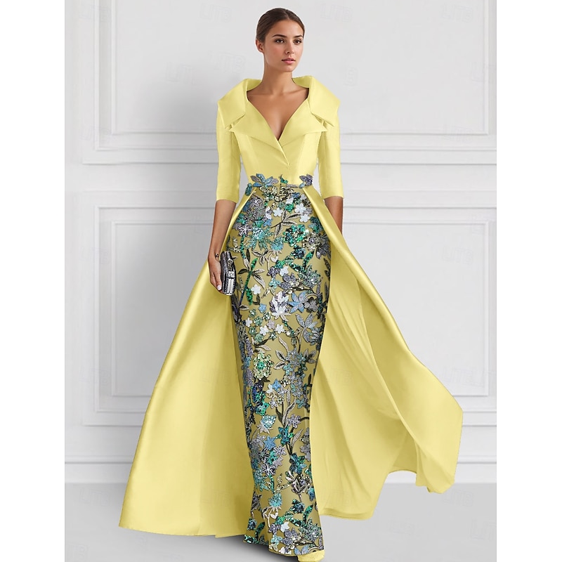 Embroidered Ball Gown A-Line Evening Gown Elegant Dress Formal Wedding Floor Length Half Sleeve Shirt Collar Satin with Slit Appliques 22