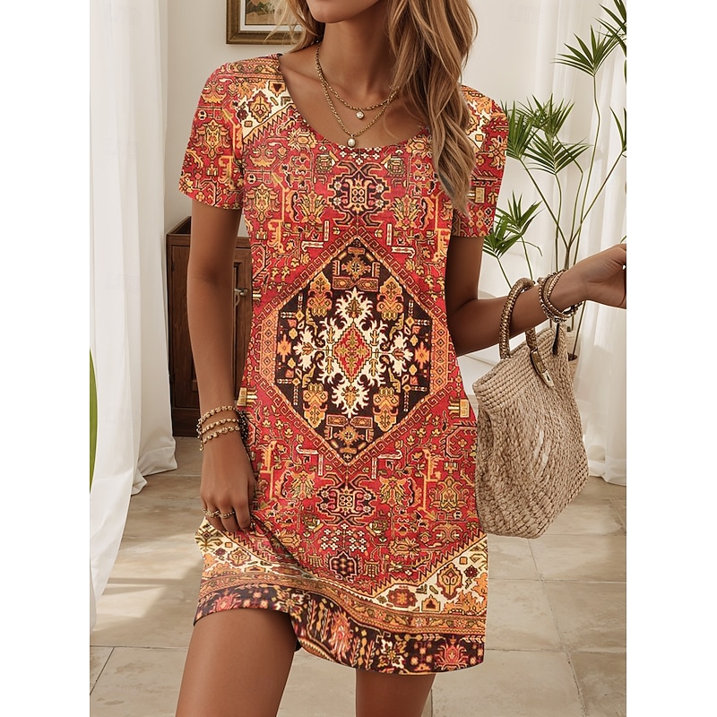 Women's Mini Dress Casual Dress Casual Daily Regular Fit Graphic Paisley Short Sleeve Crew Neck Orange Summer