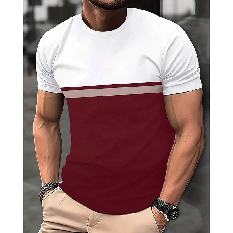 Men's T Shirt Tee Short Sleeve Shirt Tee Top Short Sleeve Crew Neck Summer Spring Color Block Fashion Designer Basic Patchwork Vacation Street Going out Wine Black White Top Tee for Men2