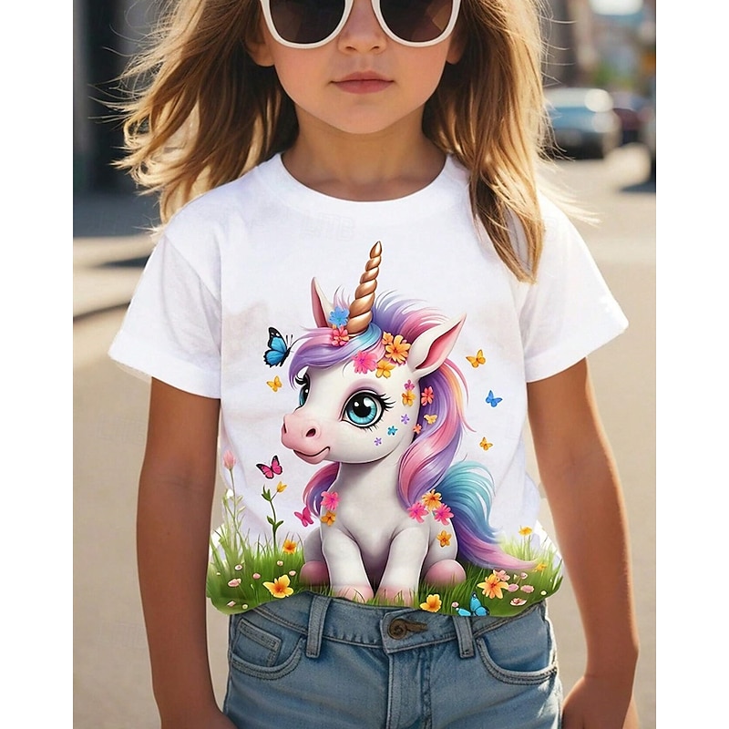 Girls' 3D Graphic Unicorn T shirt Tee Short Sleeve Summer Spring Fashion Basic Kids 4-12 Years Crew Neck Outdoor Casual Daily Regular Fit