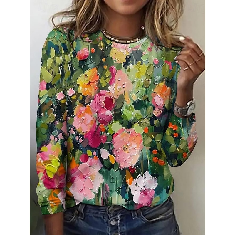 Women's T shirt Long Sleeve Crew Neck Long Sleeve Tunic Floral Elegant Vintage Regular Tops Daily Going out Weekend Print Army Green Prefall
