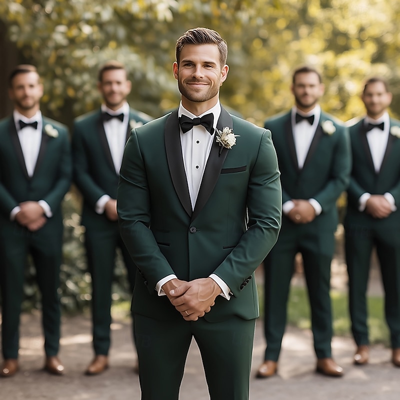 Men's Wedding Suits Dark Green Fashion Formal Solid Colored Standard Fit 2 Piece Single Breasted One-button