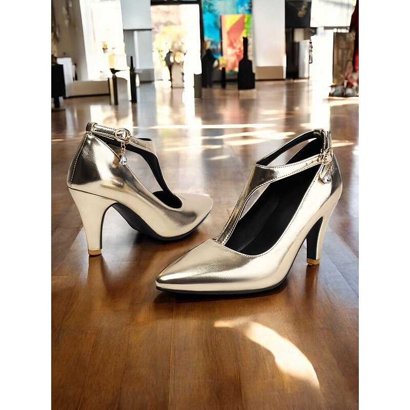 Women's 1980s Elegant Metallic Silver T-Strap Heels with Pointed Toe and Buckle Detail – Perfect for Evening Parties or Formal Events3