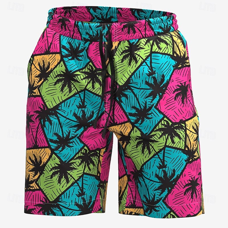 Men's Color Block Coconut Tree Swim Shorts Board Shorts Swimming Trunks Mid Waist Streetwear Hawaiian Casual Holiday Beach Vacation Wear Pocket Drawstring Elastic Waist Designer Clothing Apparel