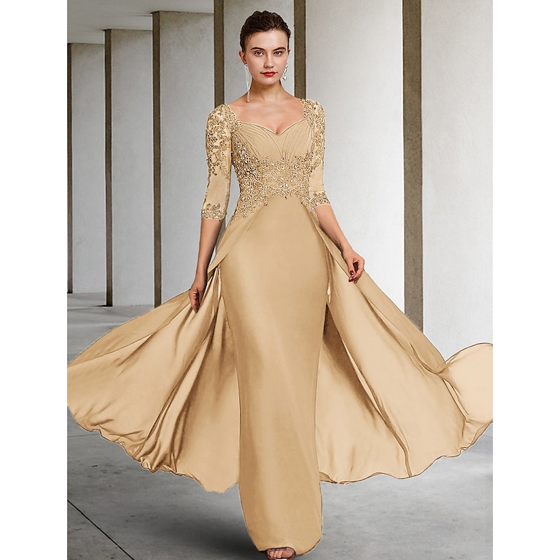 Sheath Mother of the Bride Dress Formal Wedding Guest Elegant Party Square Neck Floor Length Chiffon Lace 3/4 Length Sleeve with Sequin Appliques Ruching4