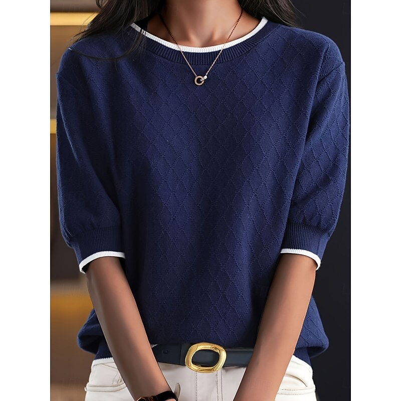 Women's Shirt Blouse Solid Color Stylish Casual 3/4 Length Sleeve Crew Neck Regular Tops Daily Patchwork Blue Summer Spring2
