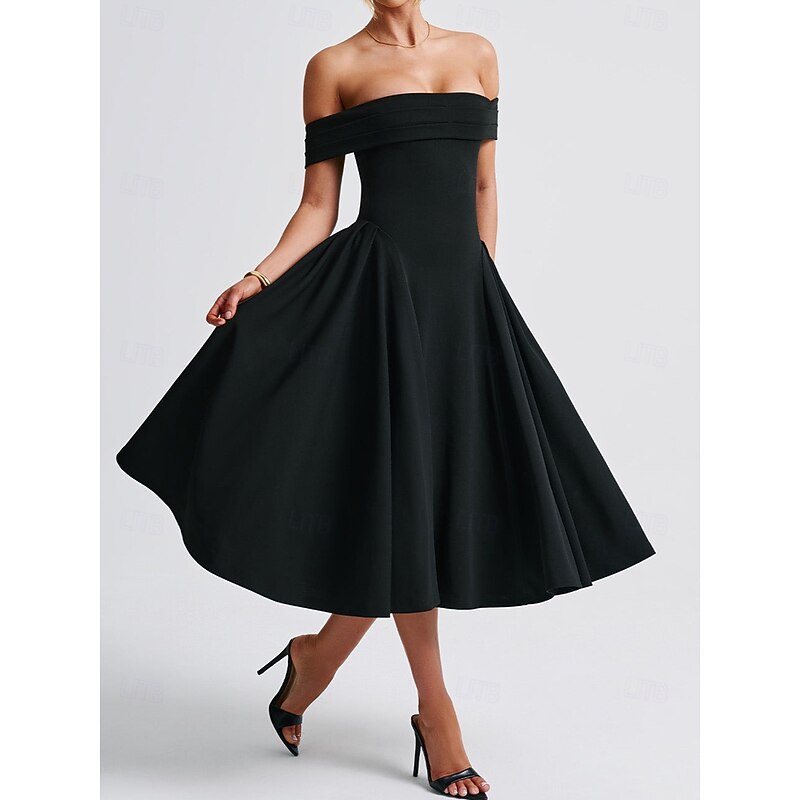 Retro Vintage 1950s Midi Dress Flare Dress Off Shoulder Solid Color A-Line Fancy Dress Women's Masquerade Wedding Vacation Tea Party Adults' Dress4