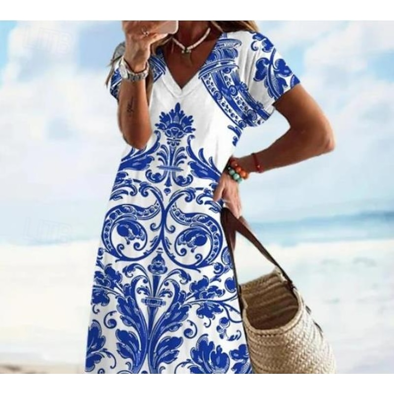 Women's Maxi Dress Paisley Dress Casual Dress Long Sleeve Boho Dress A Line Dress Bohemia Vacation Vintage Vacation Daily Regular Fit Floral Short Sleeve V Neck Aqua Blue Summer Spring2
