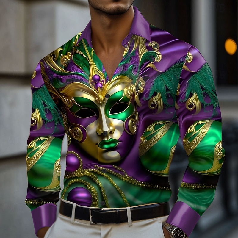Mardi Gras Men's Mask Carnival Satin Shirt Dress Shirt Button Up Shirt Long Sleeve Fashion Casual Holiday Summer Spring Turndown Collared Shirts 3D Print Light Purple Purple Dark Purple